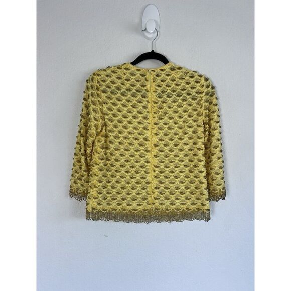 Creations by Harilela Vintage 60s Yellow Sequins Top 36 Lambswool Beaded Fringe - Picture 2 of 12